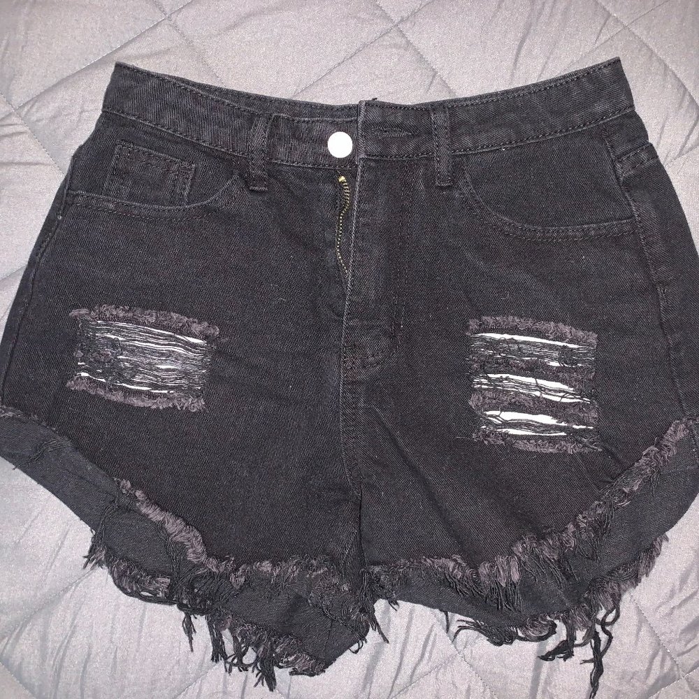 Black High Waisted Ripped Jean Shorts